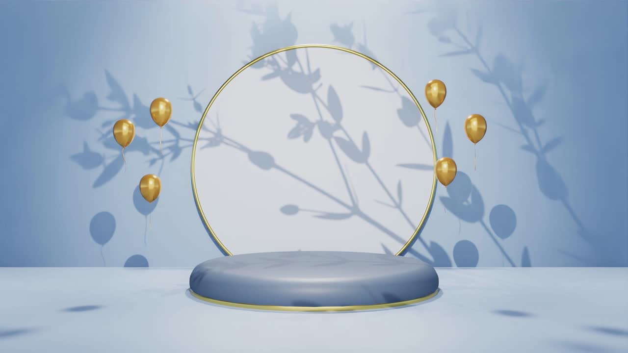 파란색 배경에 부드러운 바람에 의해 움직이는 나무 그림자를 가진 보석의 제품 디스플레이 온라인 상점 할인 판매