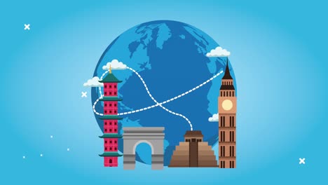 world tourism day lettering with world planet and monuments