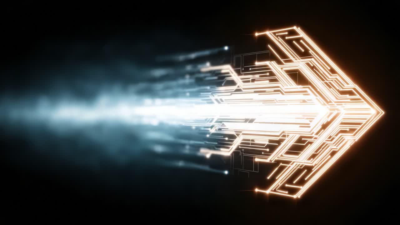 A Dynamic Arrow Representation of Digital Motion, Highlighting Technology and Connectivity Through Vibrant Light Trails and Circuit Patterns