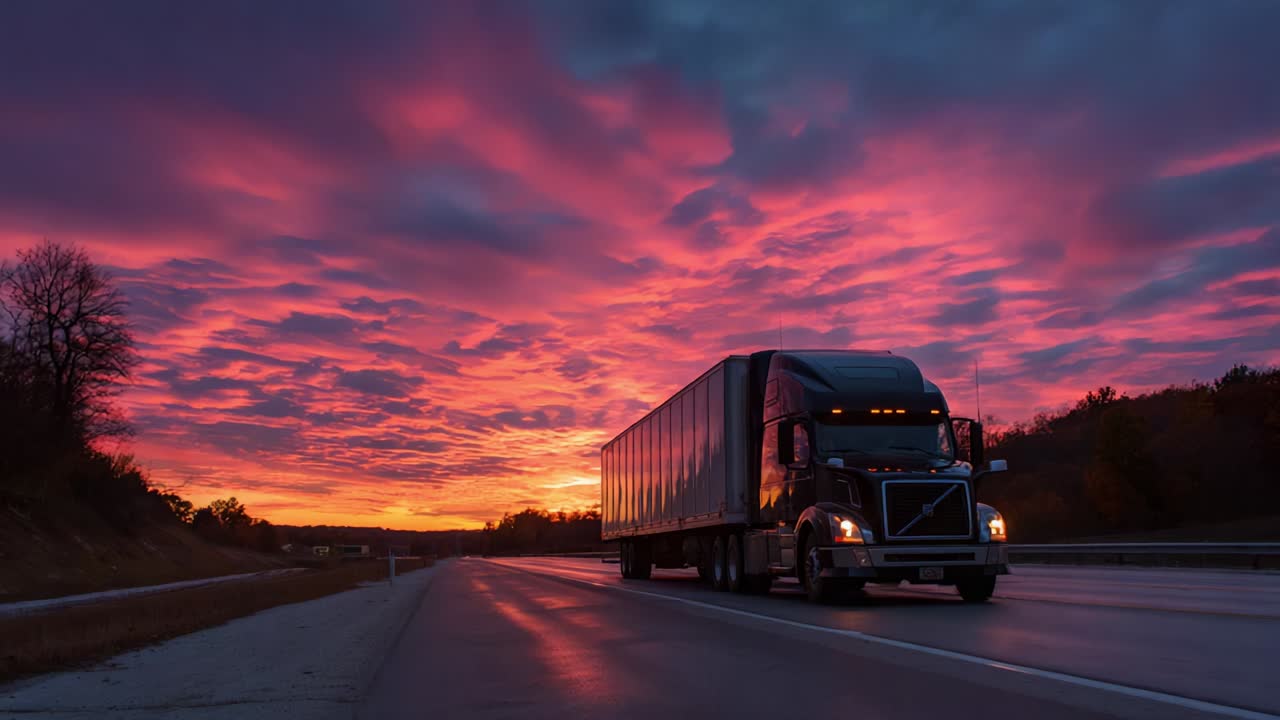 En majestætisk lastbil krydser en tom motorvej, mens livlige nuancer af pink og lilla omslutter himlen under solnedgangen og viser skønheden i naturen, der blander sig med menneskelig transport.