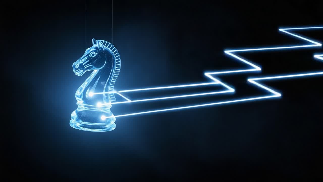 An Ethereal Glowing Chess Knight Moves Strategically Through a Digital Atmosphere Representing Modern Strategy and Gaming Challenges