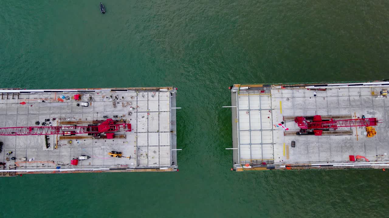 Aerial downwards view on Gordie Howe international bridge in final phase of construction