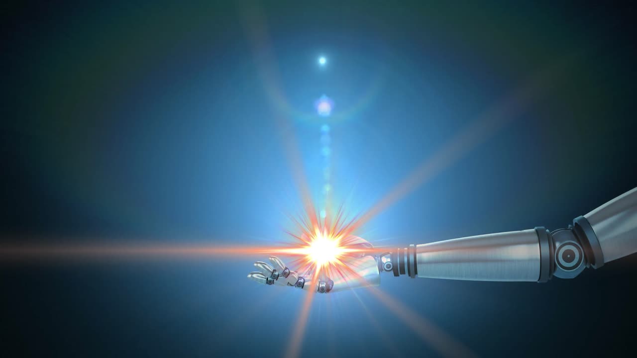 Animation of glowing lights over hand of extended robot arm on dark background
