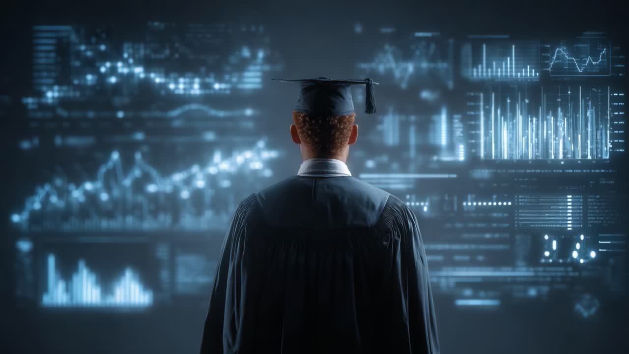 A Graduate's Journey: An Individual in Academic Regalia Contemplates Data Analytics and Success While Surrounded by Digital Visualizations and Graphs