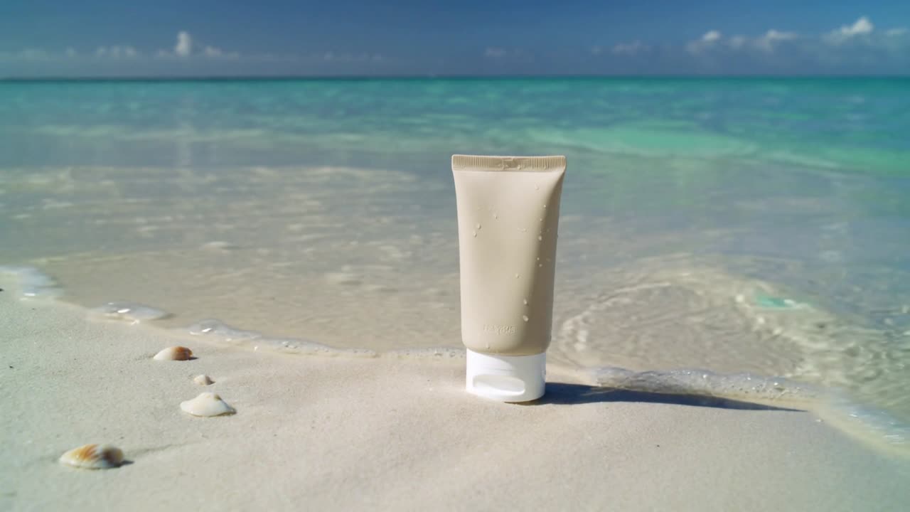Standing beige squeeze tube getting lapped by incoming turquoise wave on white sand, with seashells