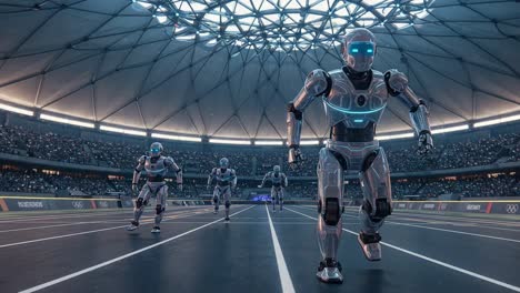a thrilling race of advanced robots competing on the track in a high-tech arena, showcasing cutting-edge technology and the future of sports