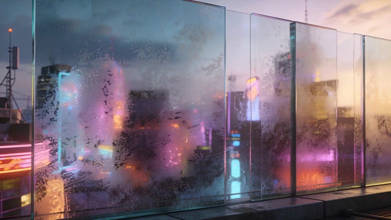 Revealing safety glass panels clearing on roof as mist hitting cool glass making streaks, neon glow