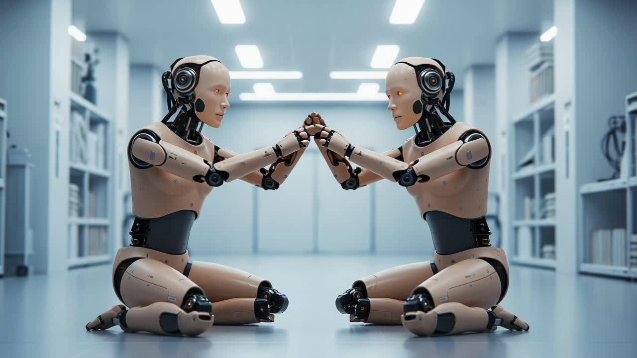 Two humanoid robots engage in a meaningful interaction, showcasing advanced technology and emotional expression in a futuristic laboratory setting