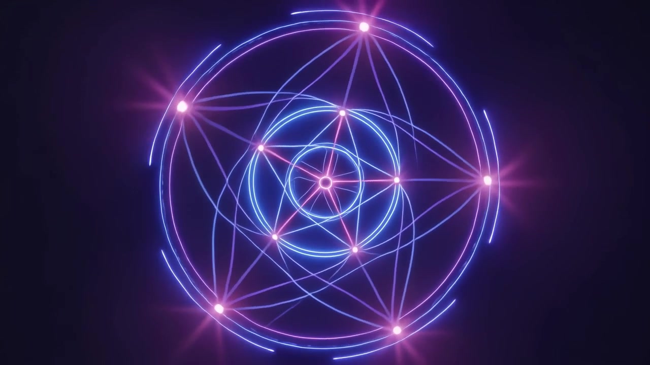 Motivo neon rotante su una sfumatura viola scuro all'avvio, con anelli e nodi pulsanti che formano un mandala.