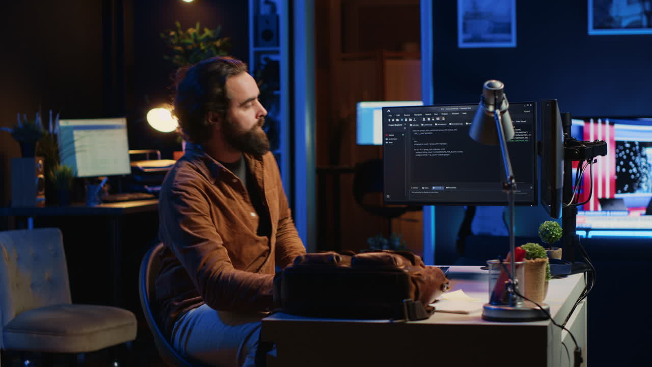 Freelancing IT system administrator arriving in personal office at home