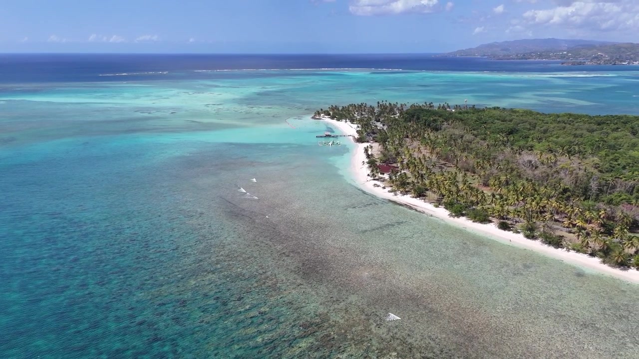 Ampio panorama aereo con drone sulla penisola verde lussureggiante di Pigeon Point, con una laguna corallina turchese trasparente e spiagge di sabbia bianca sull'isola di Tobago, Trinidad e Tobago.