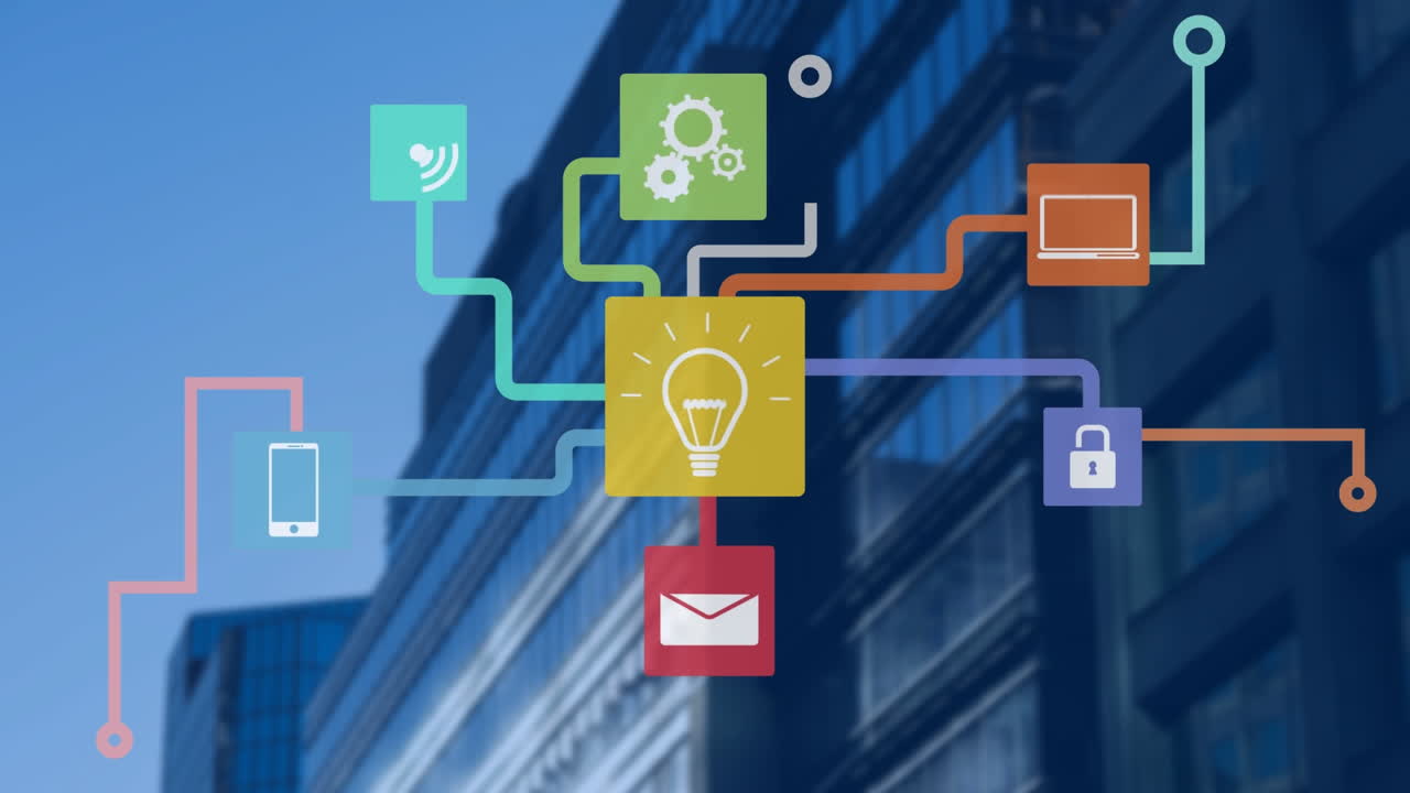 도시 풍경 위의 아이콘으로 연결된 네트워크의 애니메이션