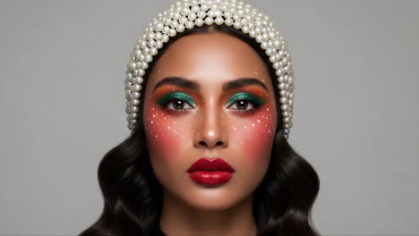 a stunning transformation: captivating beauty through makeup and design in two striking frames showcasing vibrant colors and artistic expression