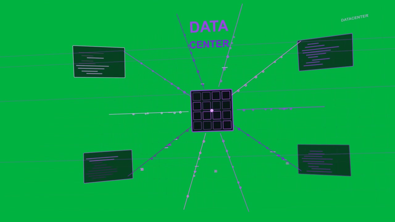 Black revealing neon grid on clear backdrop DATA CENTER cube pulsing, sending data to four panels