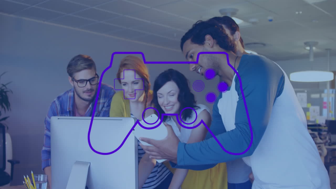 Group of diverse people collaborating over gaming controller animation in office