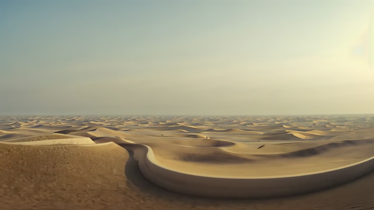 Moving camera drone, sun glare drawing it to ridge, revealing rippled sand, curved ledge and dunes
