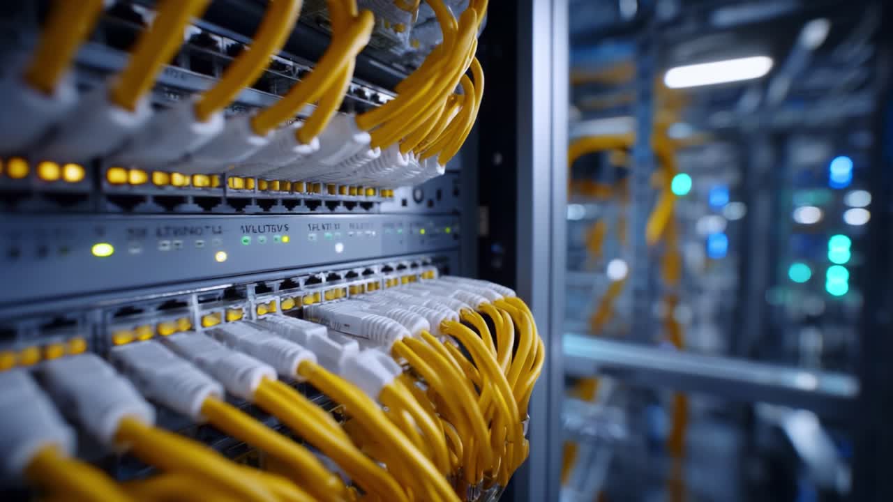 Connecting Data: A Close-Up Look at Yellow Ethernet Cables and Network Equipment in a Server Room, Highlighting Modern Technology and Data Management
