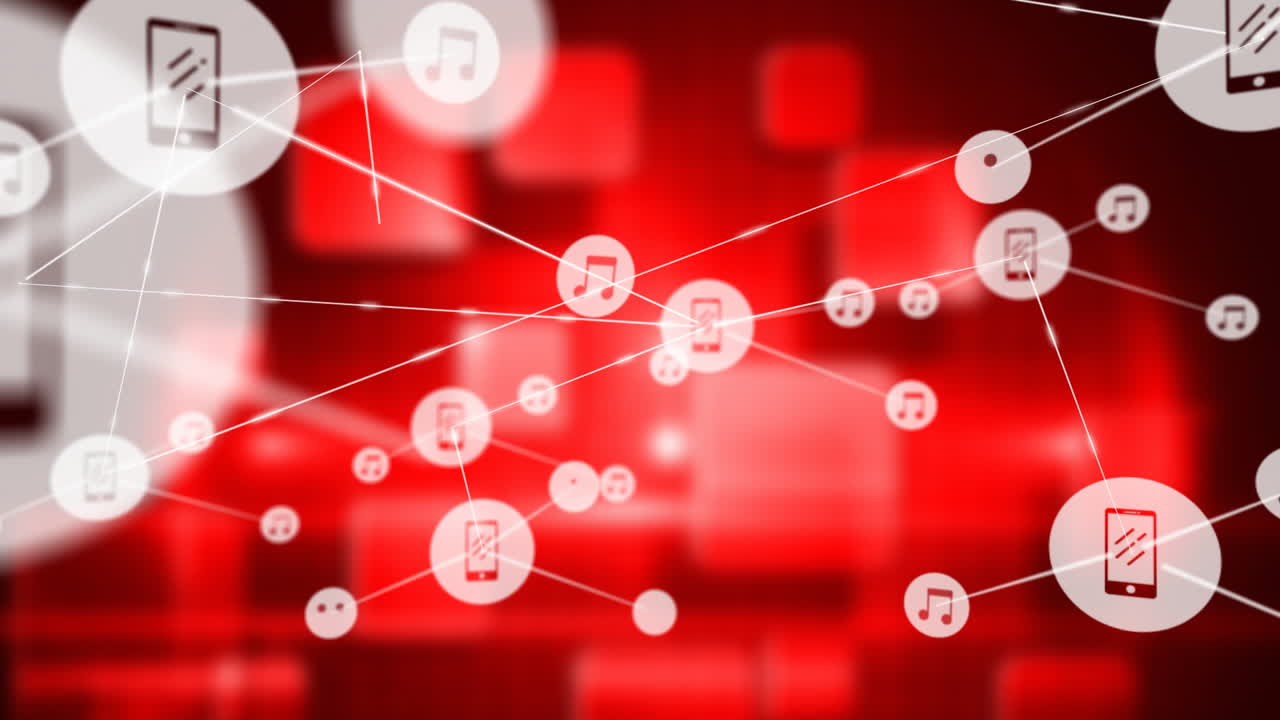 음악과 스마트폰 아이콘은 선으로 연결되어 있으며, 디지털 네트워크 애니메이션은 빨간색 바탕에 있습니다.