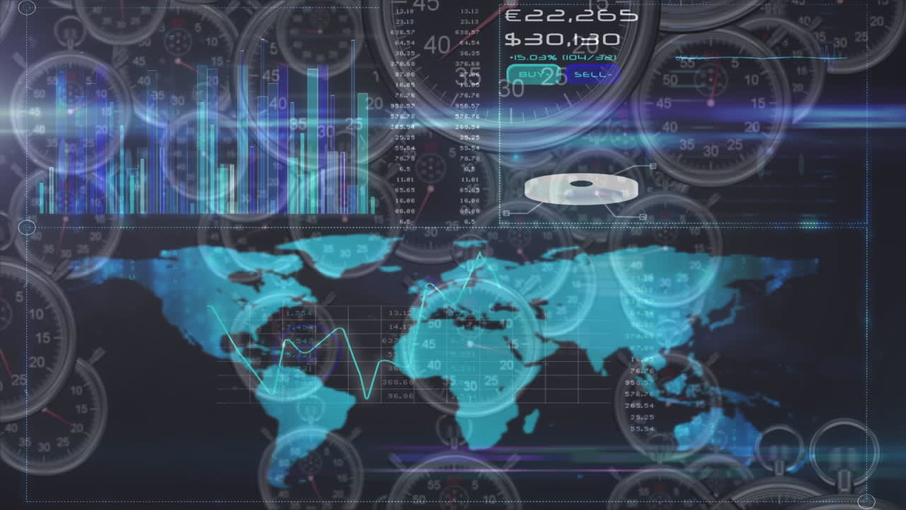 Animation of data processing and world map over multiple clocks moving fast