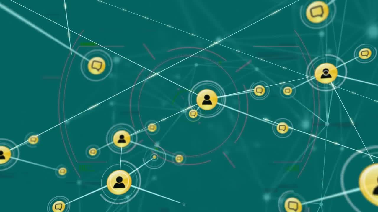 animación del efecto de falla y el escaneo de alcance sobre una red de iconos digitales sobre fondo verde