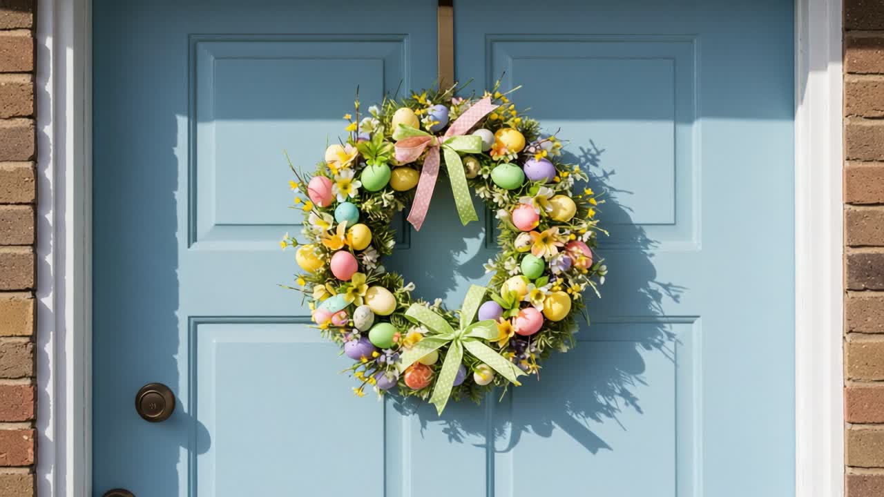 Colorful Spring Wreath Adorned with Easter Eggs and Ribbon on a Charming Blue Door, Bringing Seasonal Cheer to Any Entrance
