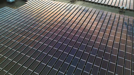reflection of sunlight on solar panels installed on roof of large building. sunset time on cook islands. aerial top down flyover. modern innovation and development on tropical island.