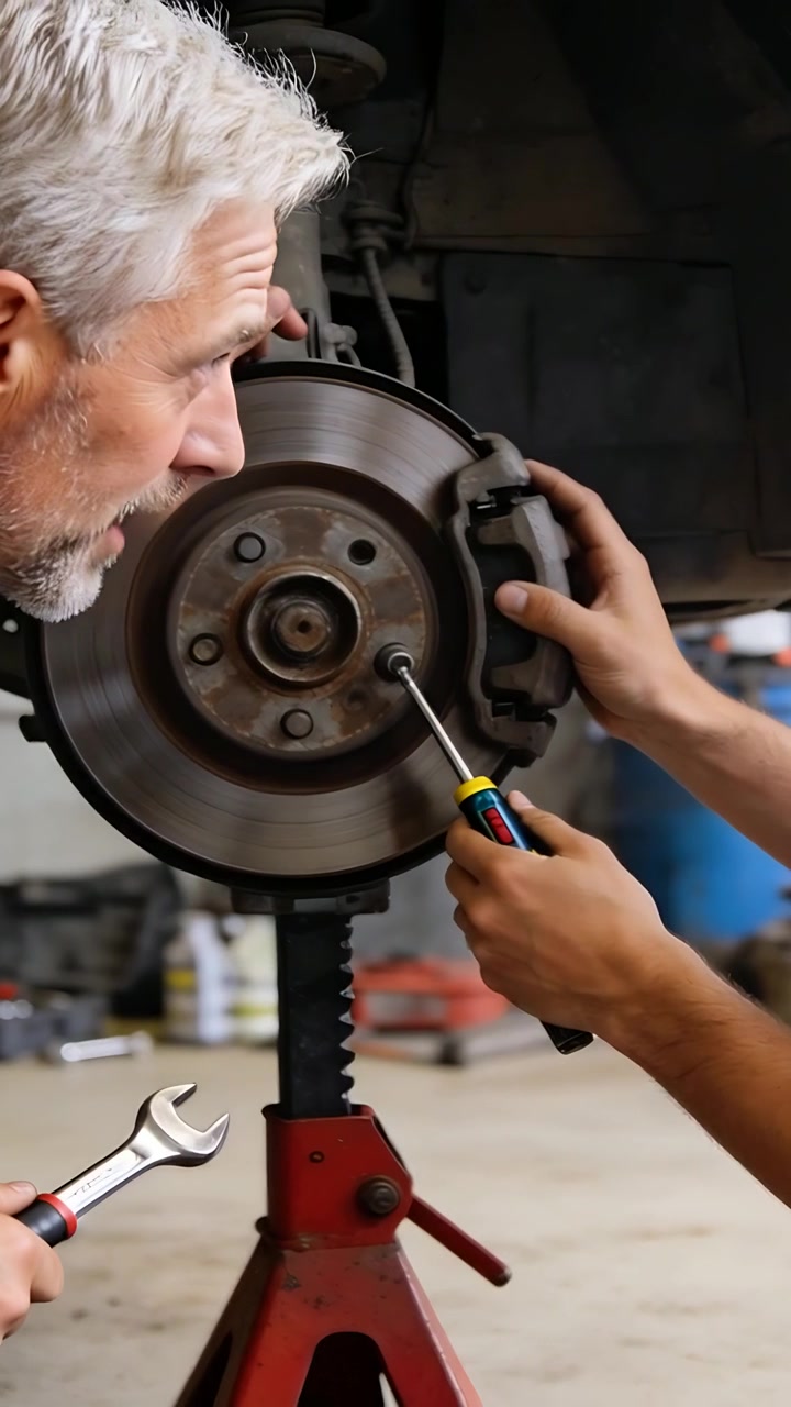 Vertical video: Pointing junior turning driver to loosen rotor screw in shop, senior in top guiding