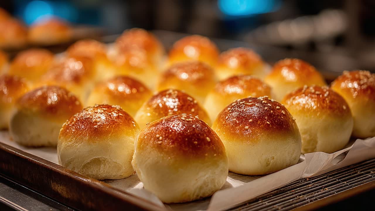 ゴールデンブラウンのロールパン：焼きたてで、風味豊かな食感と、ほのかなゴマの風味、そしてカリッとした表面が特徴の、すぐに楽しめる完璧なトーストロールパンです。