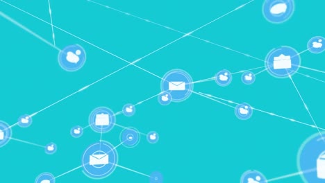 animation of network of connections with digital icons with cameras over changing stripes