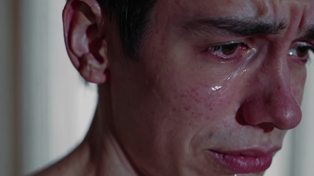 Close-up video shot capturing raw emotion as tears roll down a person's face