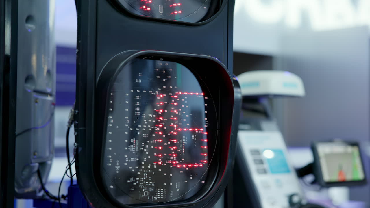 A close-up view of a smart traffic light with a digital countdown display