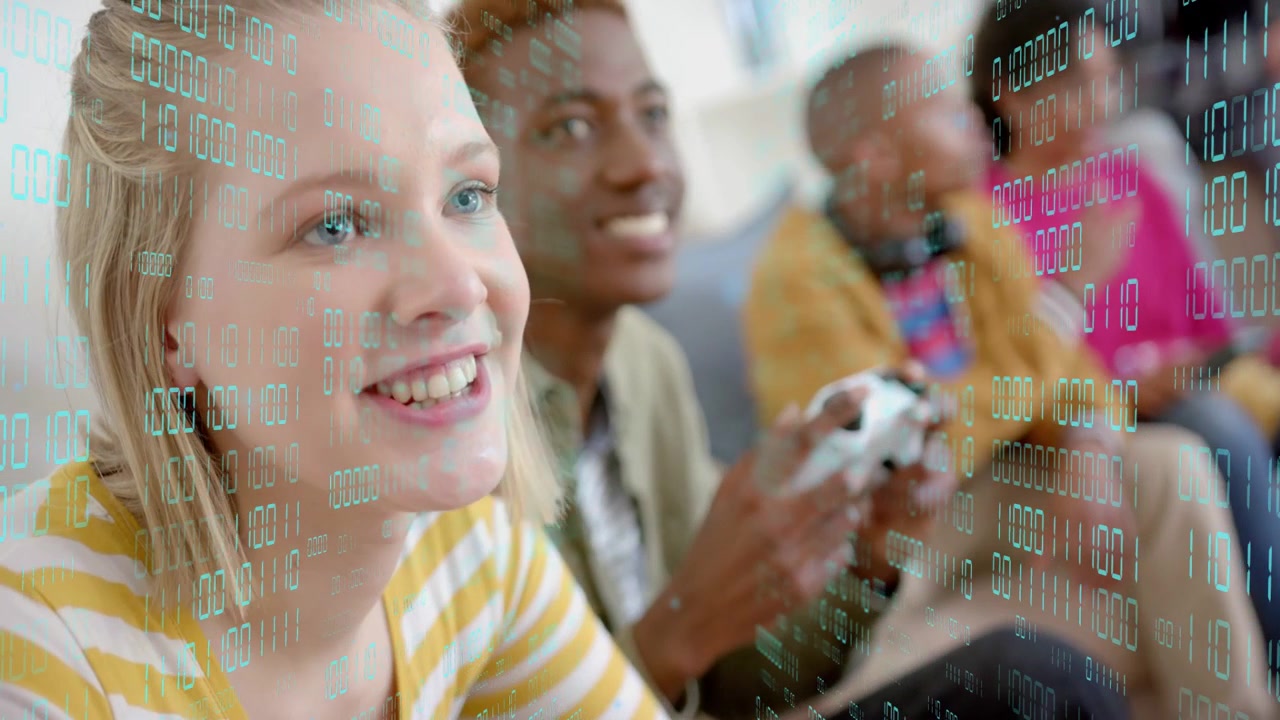 Young People Playing Video Games with Digital Binary Code Overlay