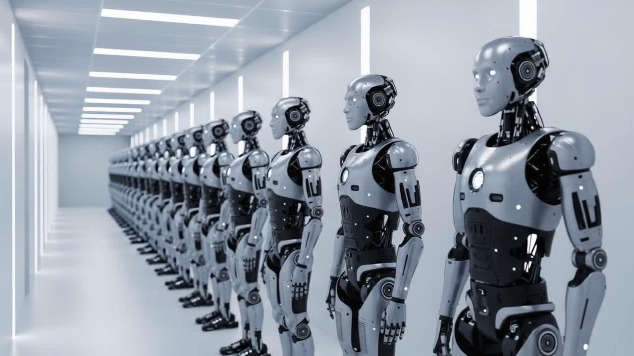 A Line of Futuristic Humanoid Robots in a High-Tech Environment, Showcasing Advanced Robotics and AI Technology in a Sleek, Modern Setting