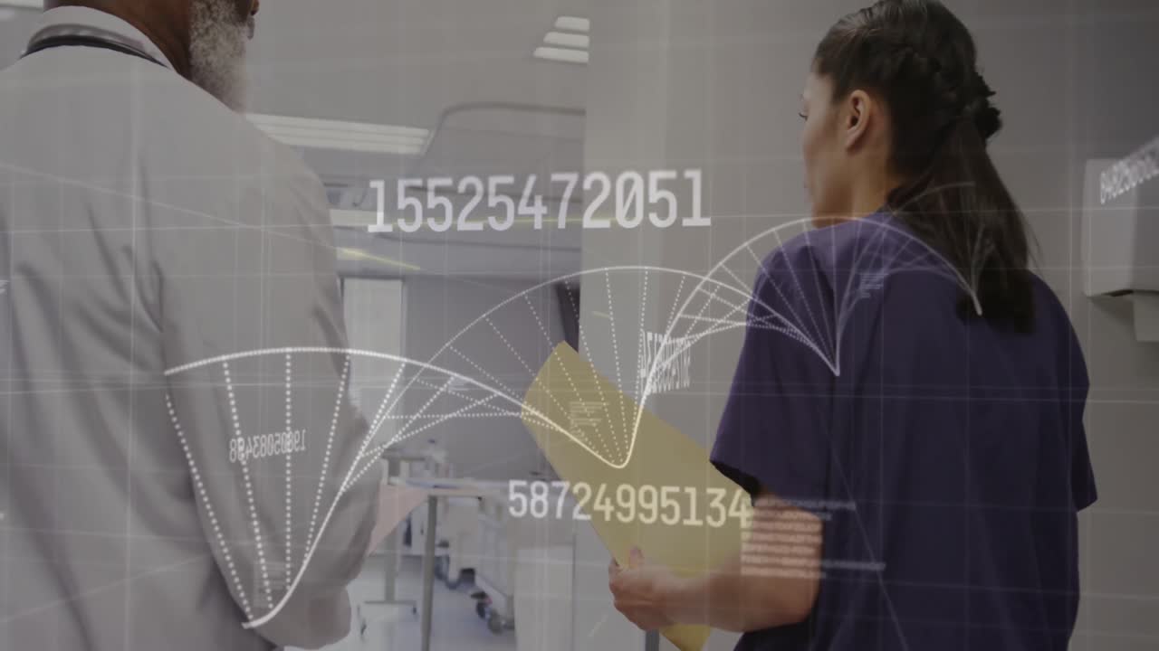 animación de la cadena de adn y procesamiento de datos en diversos médicos