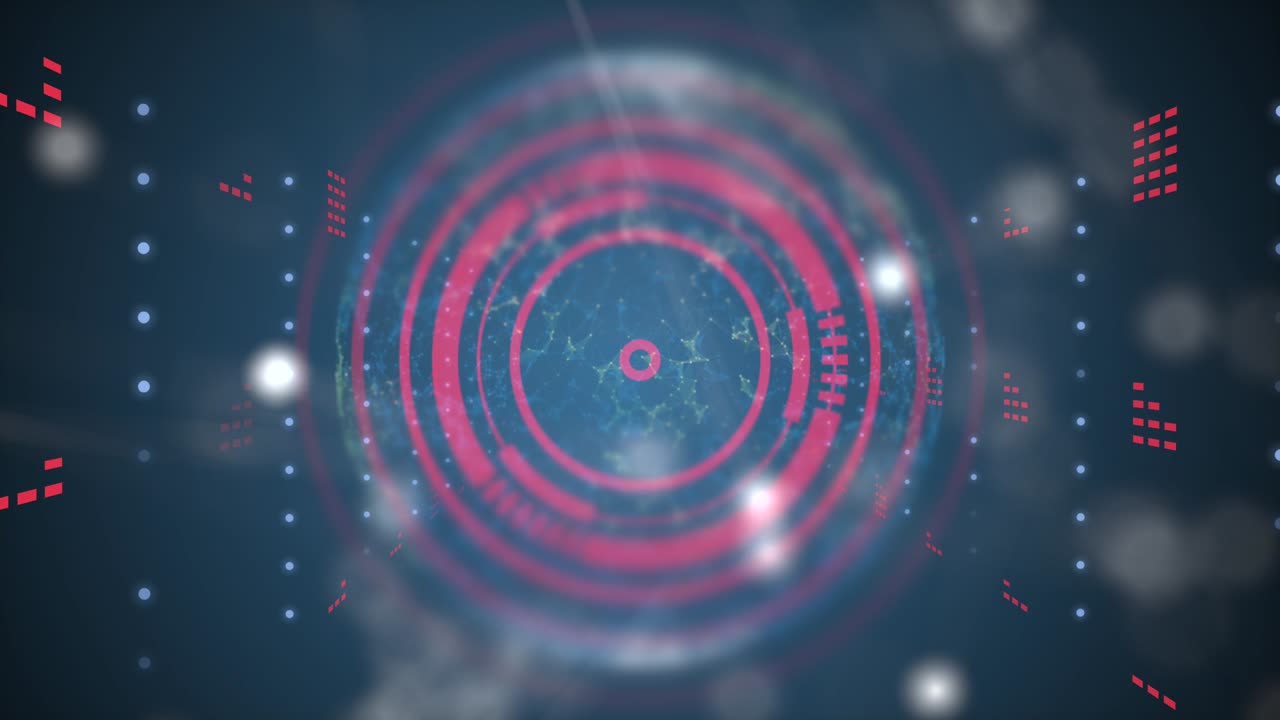 fondo azul con círculos rojos y partículas de plexo en movimiento.