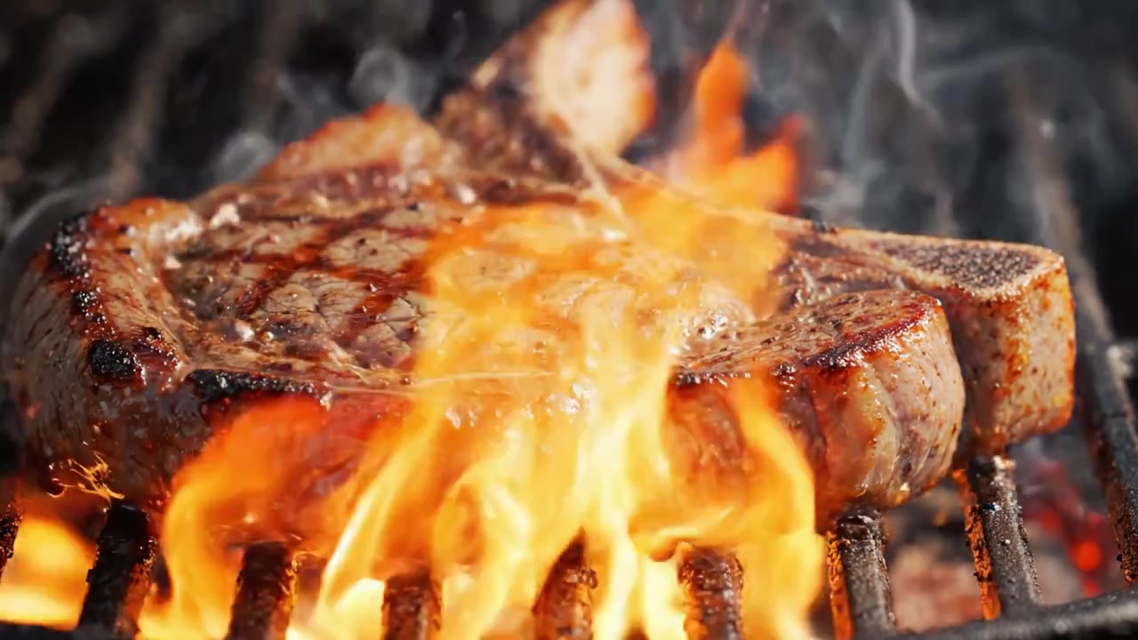 Sissende perfectie: een sappige biefstuk tot in de perfectie gegrild boven vlammen, toont de heerlijke grillstrepen en malse sappigheid van een gastronomisch stuk vlees