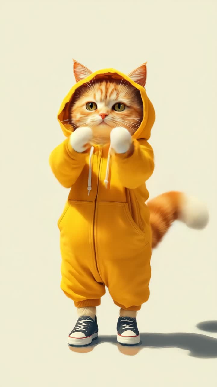 Seekor kucing lucu mengenakan hoodie kuning dan sepatu kets, berdiri tegak