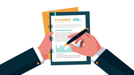 financial planning economy animation with hands griting in documents