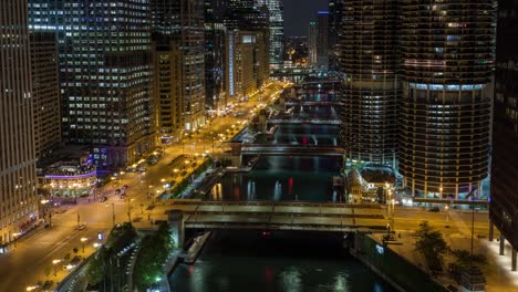 chicago river and traffic at night aerial timelapse