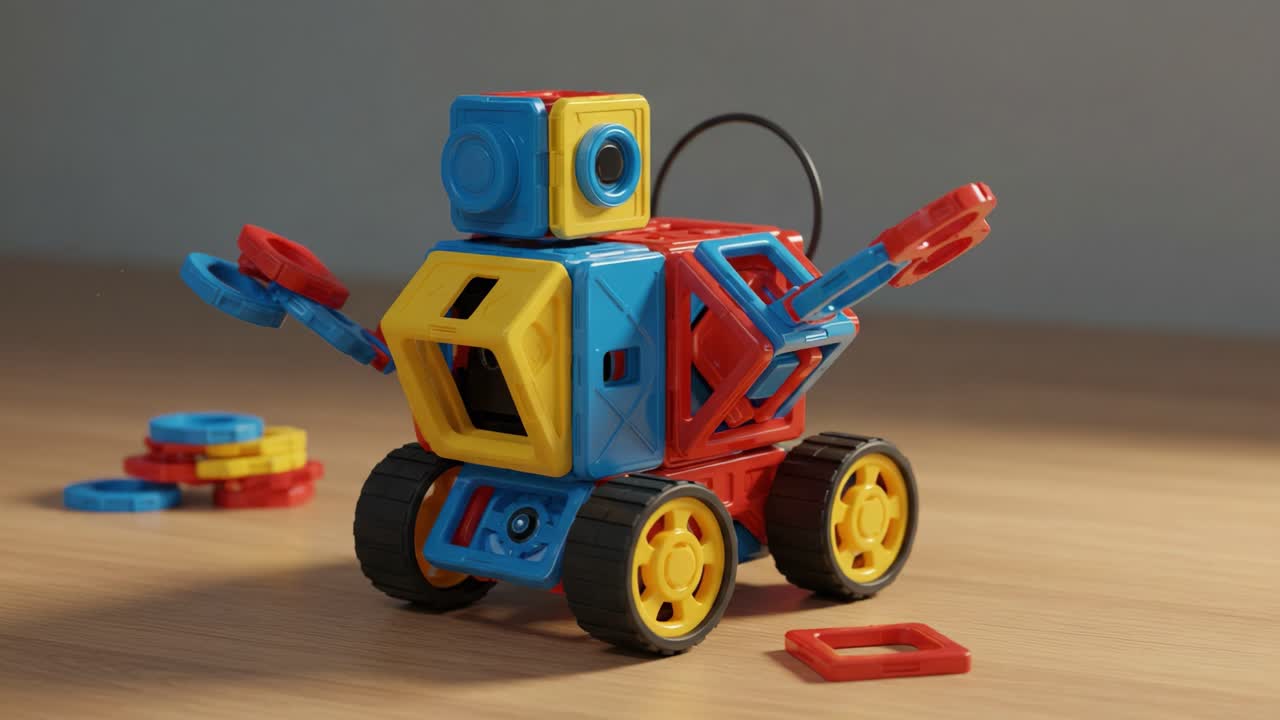 Vibrantly Colored Toy Robot with Modular Design Showcased in Dynamic Angles, Illustrating Playful Attributes and Creative Assembly Options for Engaging Playtime Experiences