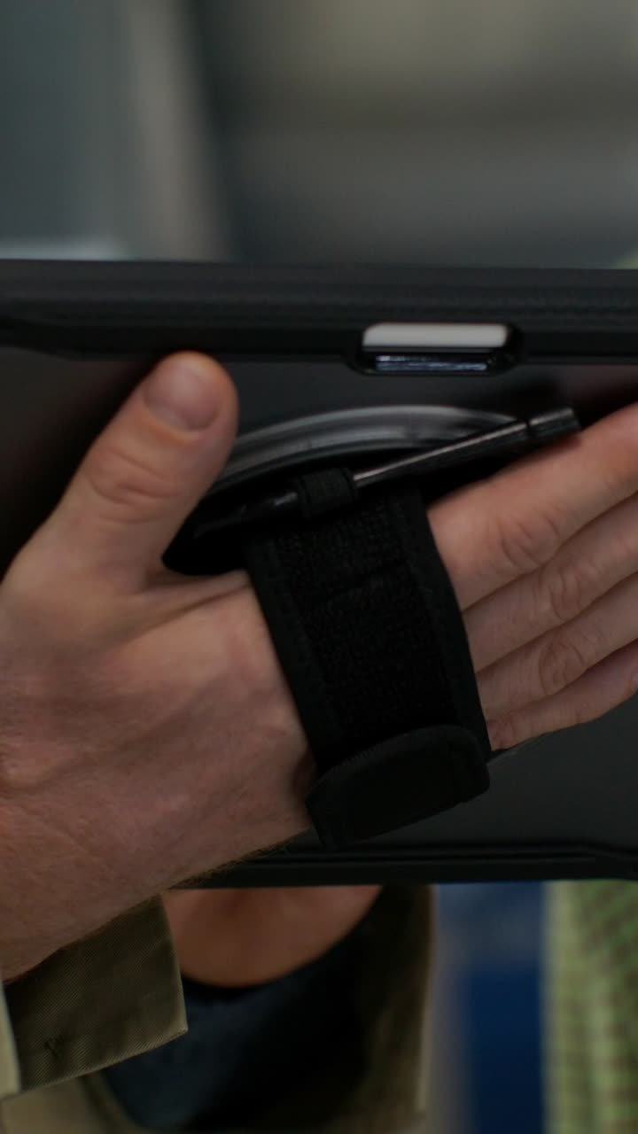 Person holding a tablet with a holder
