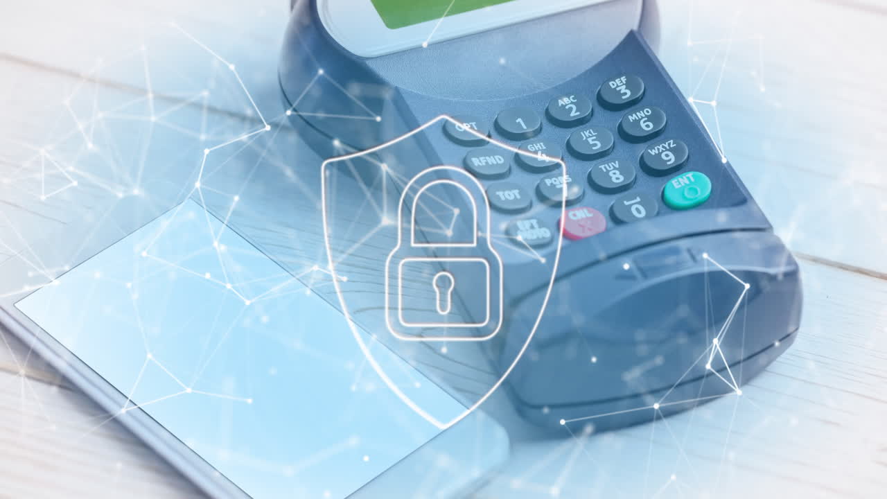 Animation of network of connections and security padlock on shield over payment terminal