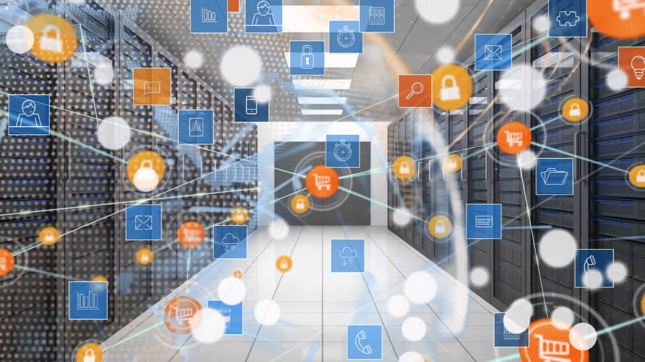 Animation of network of digital icons, spinning globe and light trails against computer server room