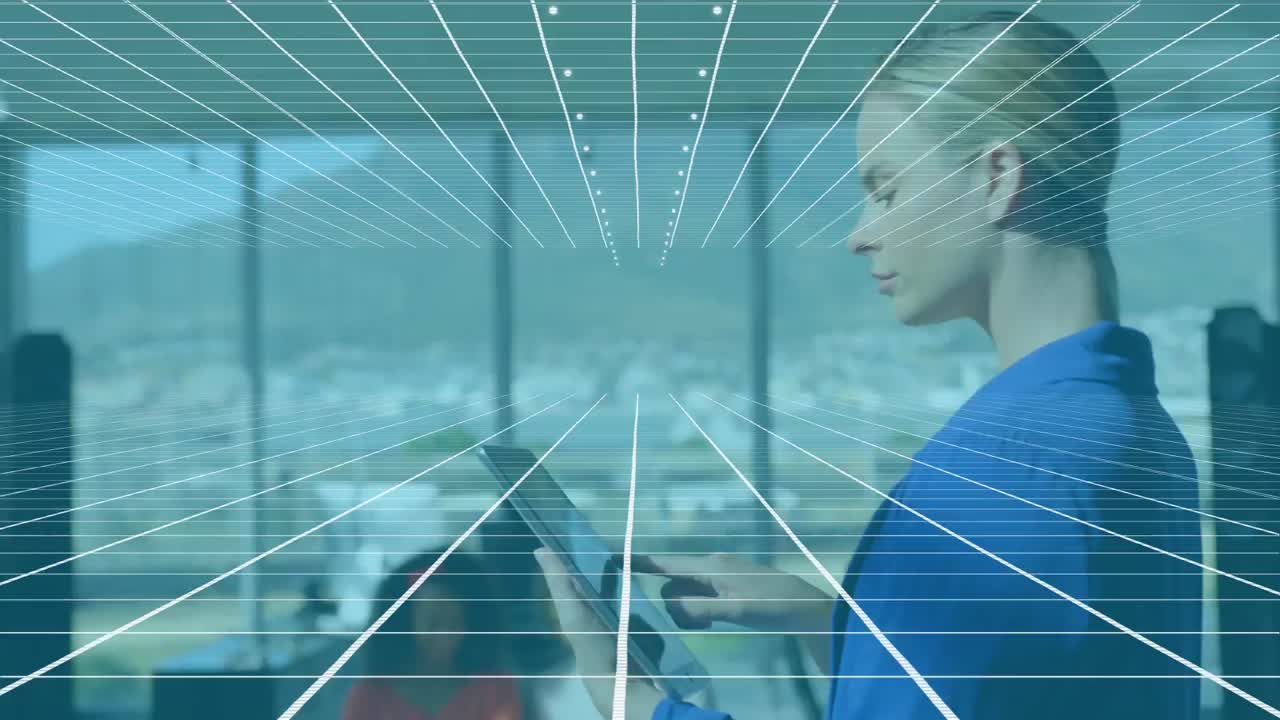 animación del globo y conexiones sobre la mujer usando la tableta