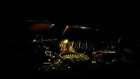 treasure chests filled with ancient artifacts illuminated in soft light