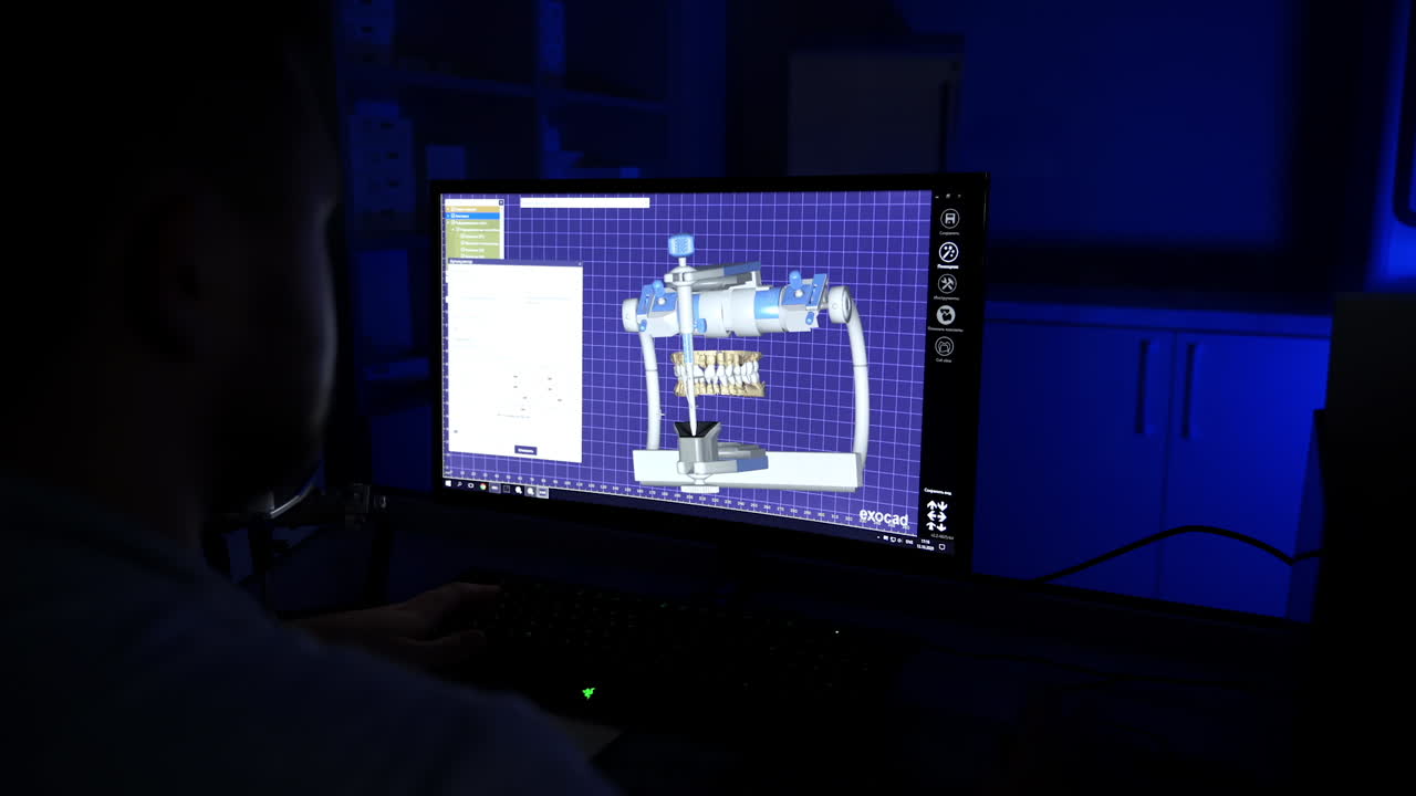 Doctor dentist on computer modeling crowns. Prosthesis modeling process using CAD CAM dental computer
