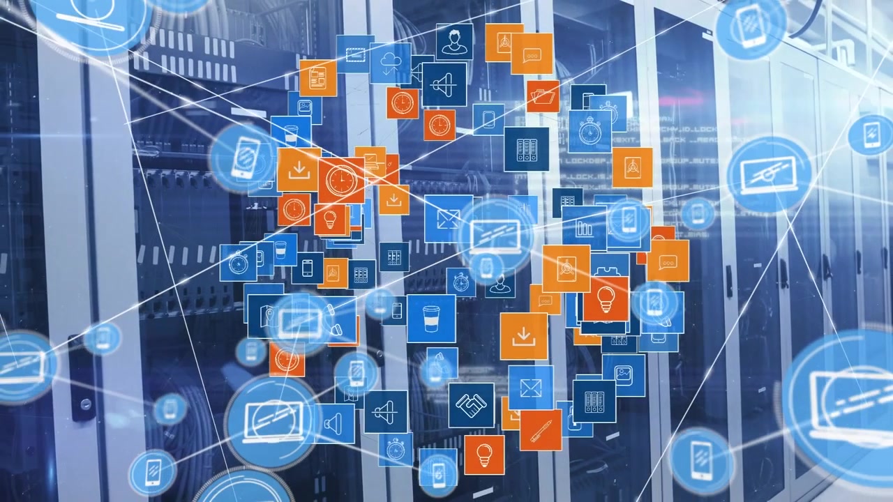 Animazione di una rete di connessioni con icone su server