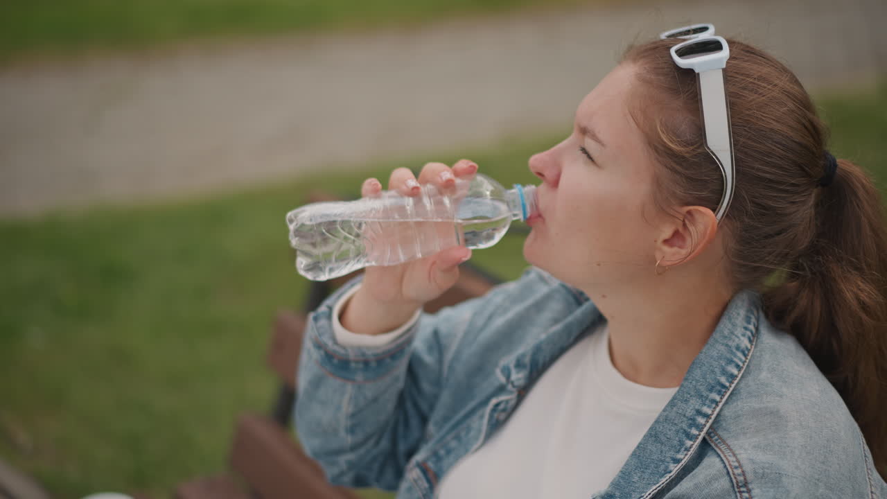 Park bankında su içen kadın, plastik şişeden yudumlayan kadının orta çekimi, kot ceket ve başında güneş gözlüğü, yanında bankta bir fincan, rahat bir mola, yeşillik arka plan, yaz sıcaklığı.