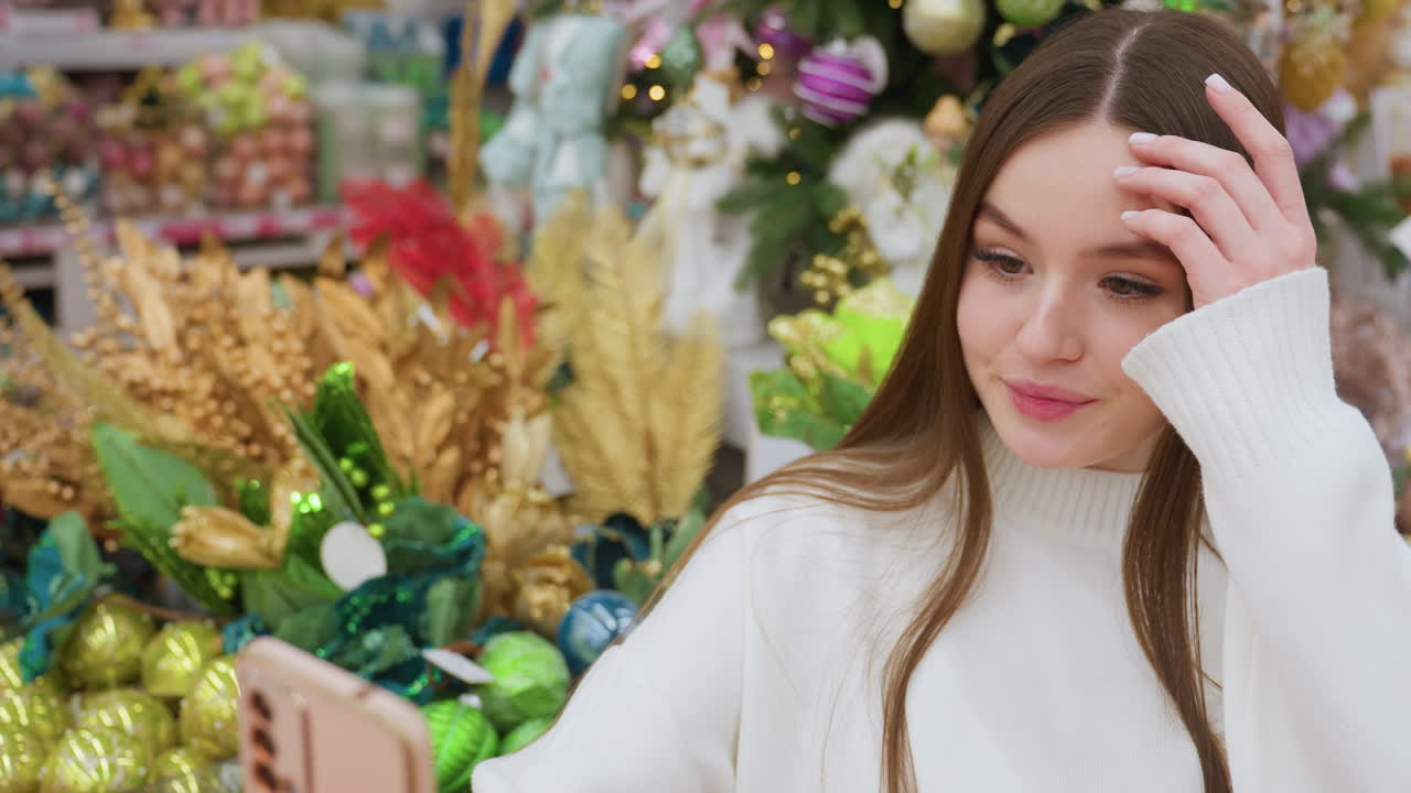 Young lady in white sweater stylishly poses while taking a picture in front of vibrant Christmas decor at a well-lit holiday store, the festive decorations and glowing lights enhance the place
