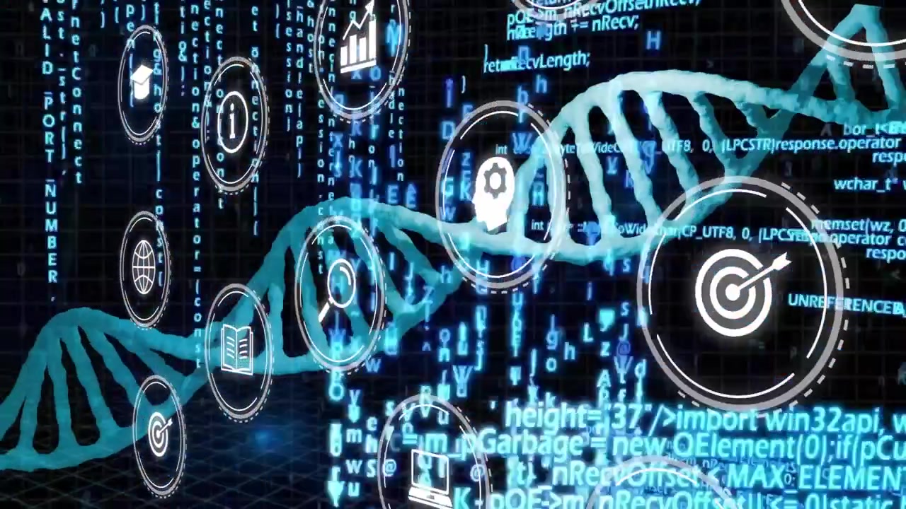 At start DNA helix rotating while info icons fading, sliding and code growing showing data flow